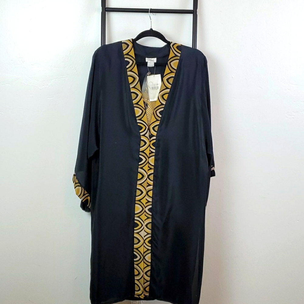 Lea Gottlieb silk black Egypt graphic kimono cardigan open front size M New